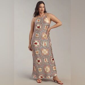 Anthropologie Tie-Neck Column Midi Dress in Neutral Nautical Pattern